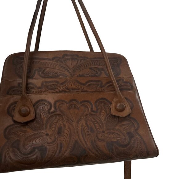 Rare Western Vintage1970 Mexican Tooled Brown Leather Shoulder Bag Tote … - Picture 6 of 11